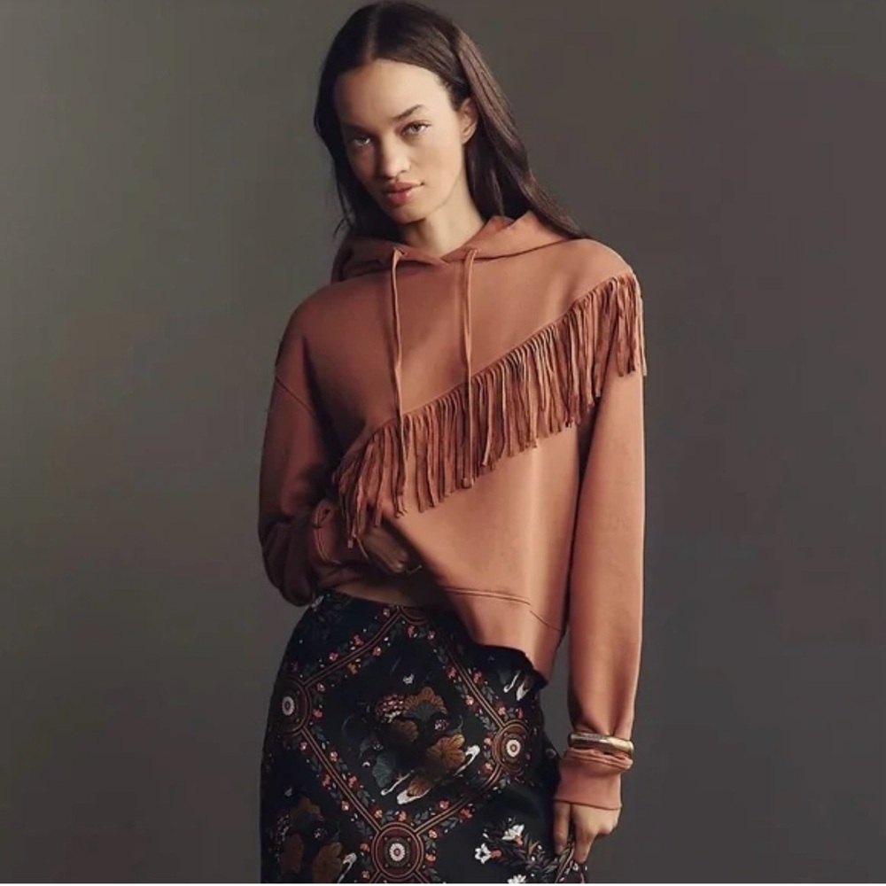 Pilcro Diagonal Fringe Hooded Sweatshirt in Warm Brown